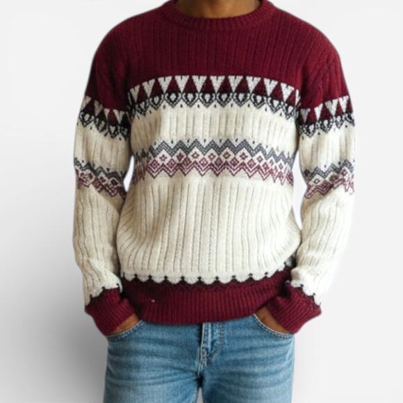 Vintage Other - Vintage Maroon Cream Fair Isle Acrylic Knit Pullover Sweater Sz Small